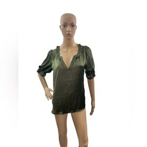 Tamara H Women’s size M Short Sleeve V Neck Green Black Polka Dots Blouse